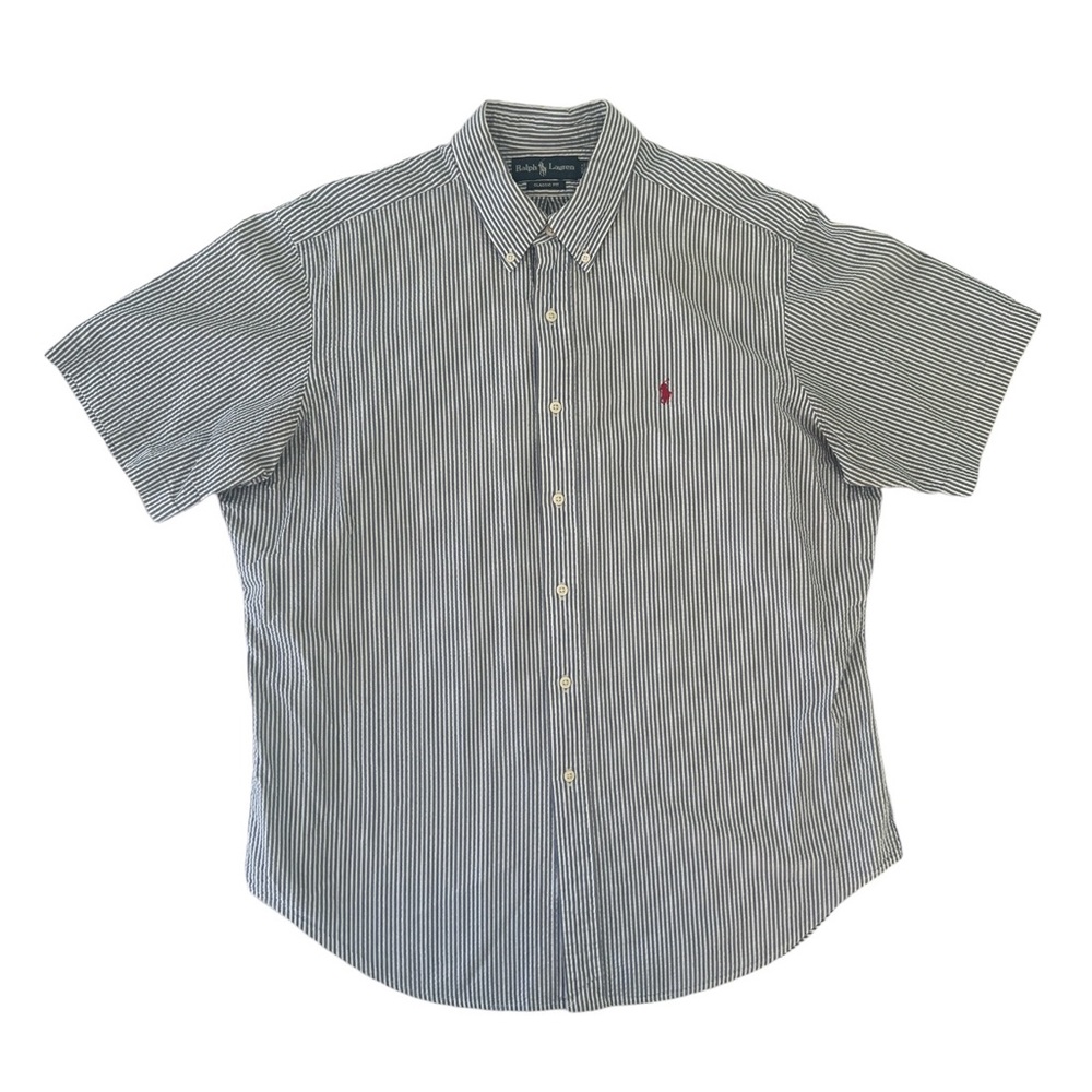 Ralph Lauren Seersucker Button Down Shirt Men Size XL Blue Stripe Short Sleeve